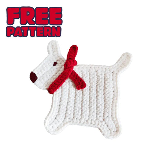 White crochet dog with red scarf made using easy crochet patterns for beginners by The Knit Krazy