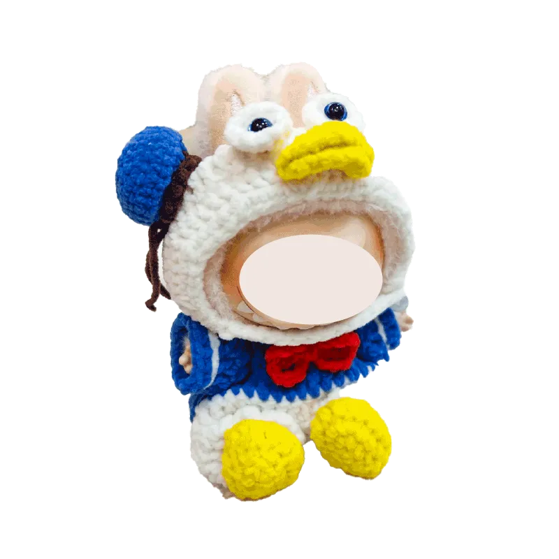 Handmade Donald Duck crochet pattern plush toy with blue hat yellow beak and red bow tie