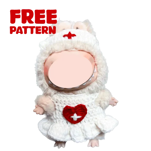Cute doll dressed in a white crochet nurse outfit with red heart and cross details free crochet nurse outfit pattern