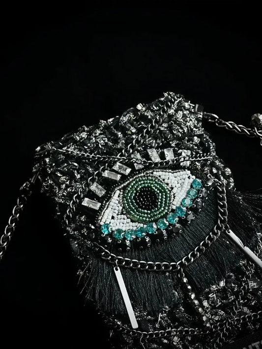 FREE｜cyberpunk crochet phone bag pattern featuring an eye design with metallic chains and textured black yarn