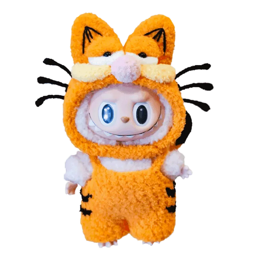 Garfield-inspired crochet pattern for dolls featuring a cute doll in an orange cat costume with whiskers