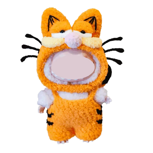 Garfield-inspired crochet pattern for dolls showing an orange cat costume with ears and whiskers