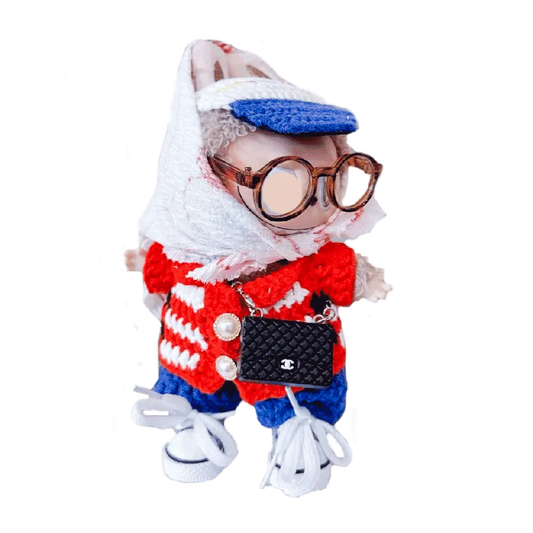 GD inspired crochet doll clothes featuring red and white sweater, blue shorts, and stylish accessories