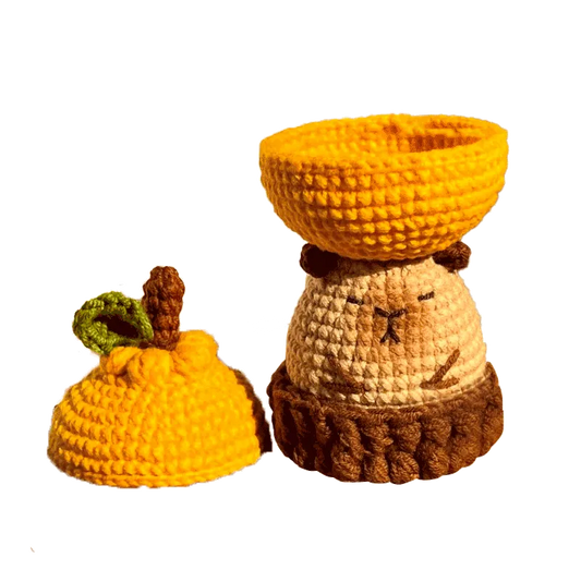 Handcrafted crochet capybara storage box pattern with removable lid in warm yellow and brown tones