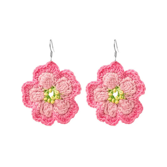 Handmade crochet earrings-Cherry pink flower design with green and yellow center beads