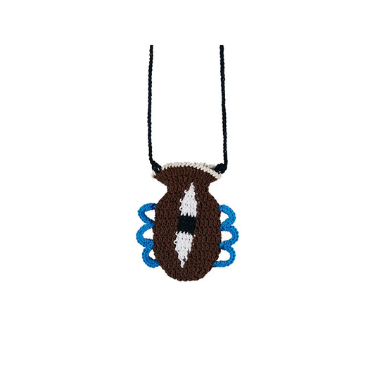 Handmade Crochet Vase Pouch Pendant- Mini Sculpture Bag for Vape & Lipstick handmade coin purse in brown with blue accents
