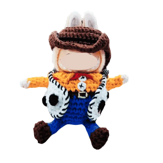 Crochet Woody doll bag pattern featuring a cowboy hat and colorful western outfit handmade by redbook