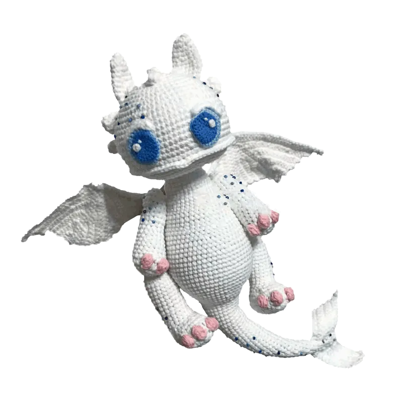 Handmade Toothless crochet gift white dragon with blue eyes and pink claws by redbook
