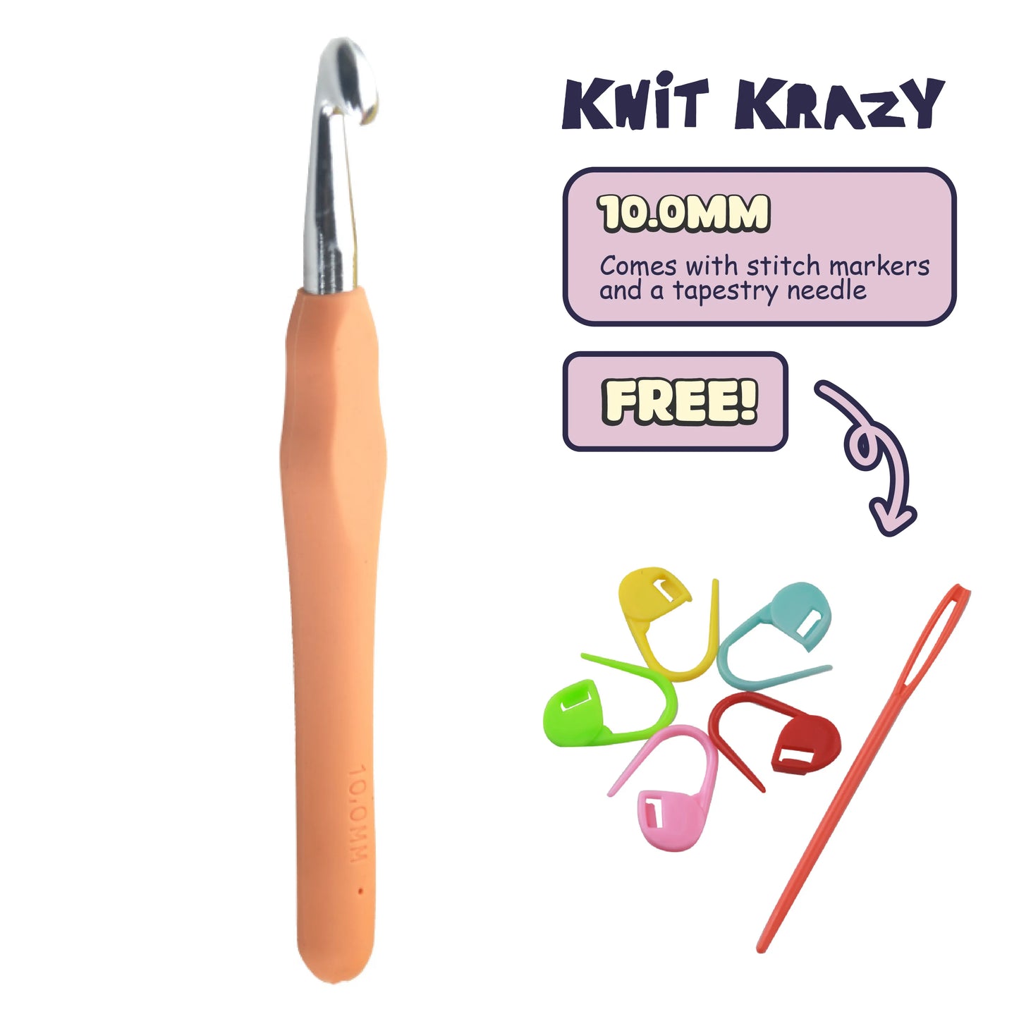 Ergonomic crochet hook set with 10.0mm hook, colorful stitch markers, and tapestry needle