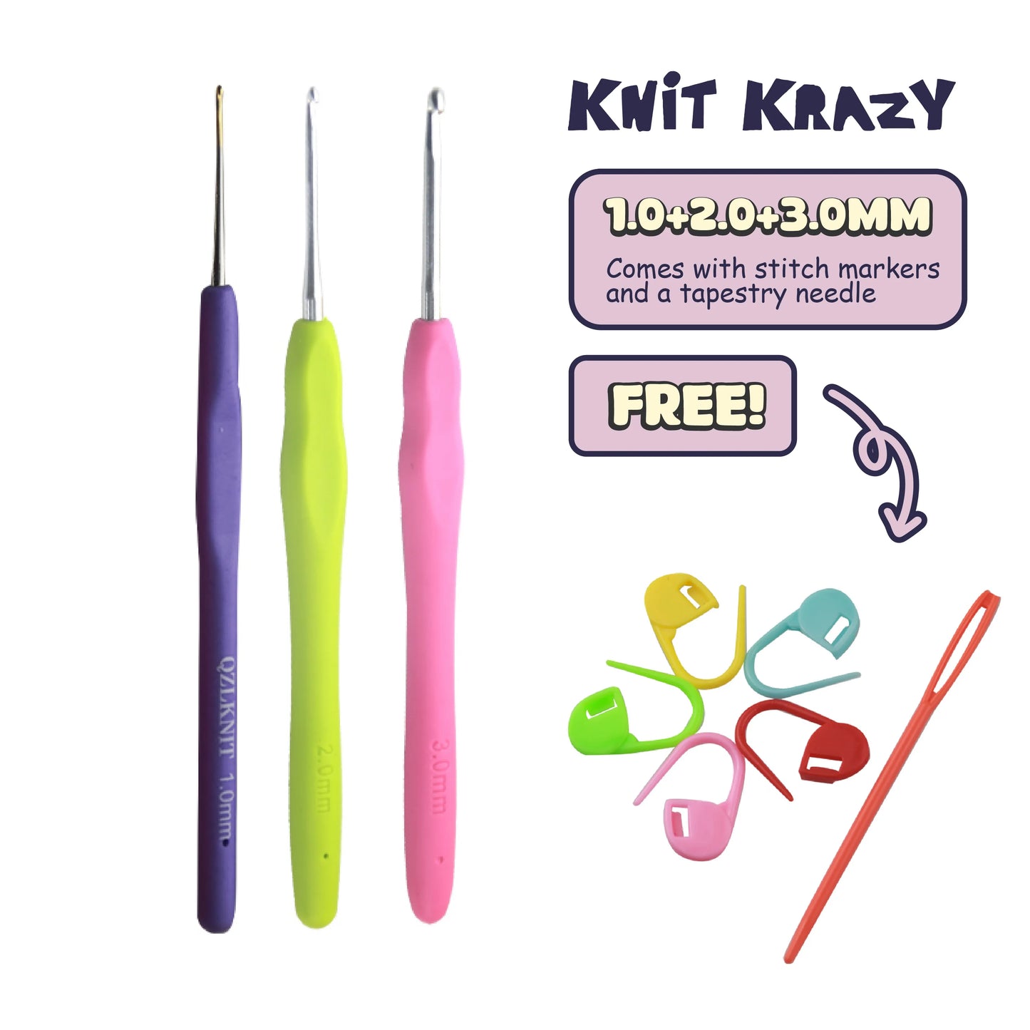 Knit Krazy 14 - Piece Ergonomic Crochet Hook Set | Metal Yarn Hooks for DIY Amigurumi and Sweater Knittin