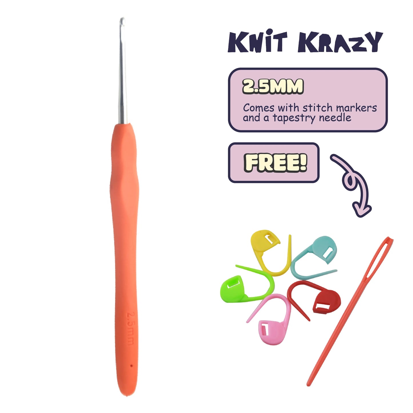 Ergonomic crochet hook set with 2.5mm orange handle, including colorful stitch markers and a tapestry needle