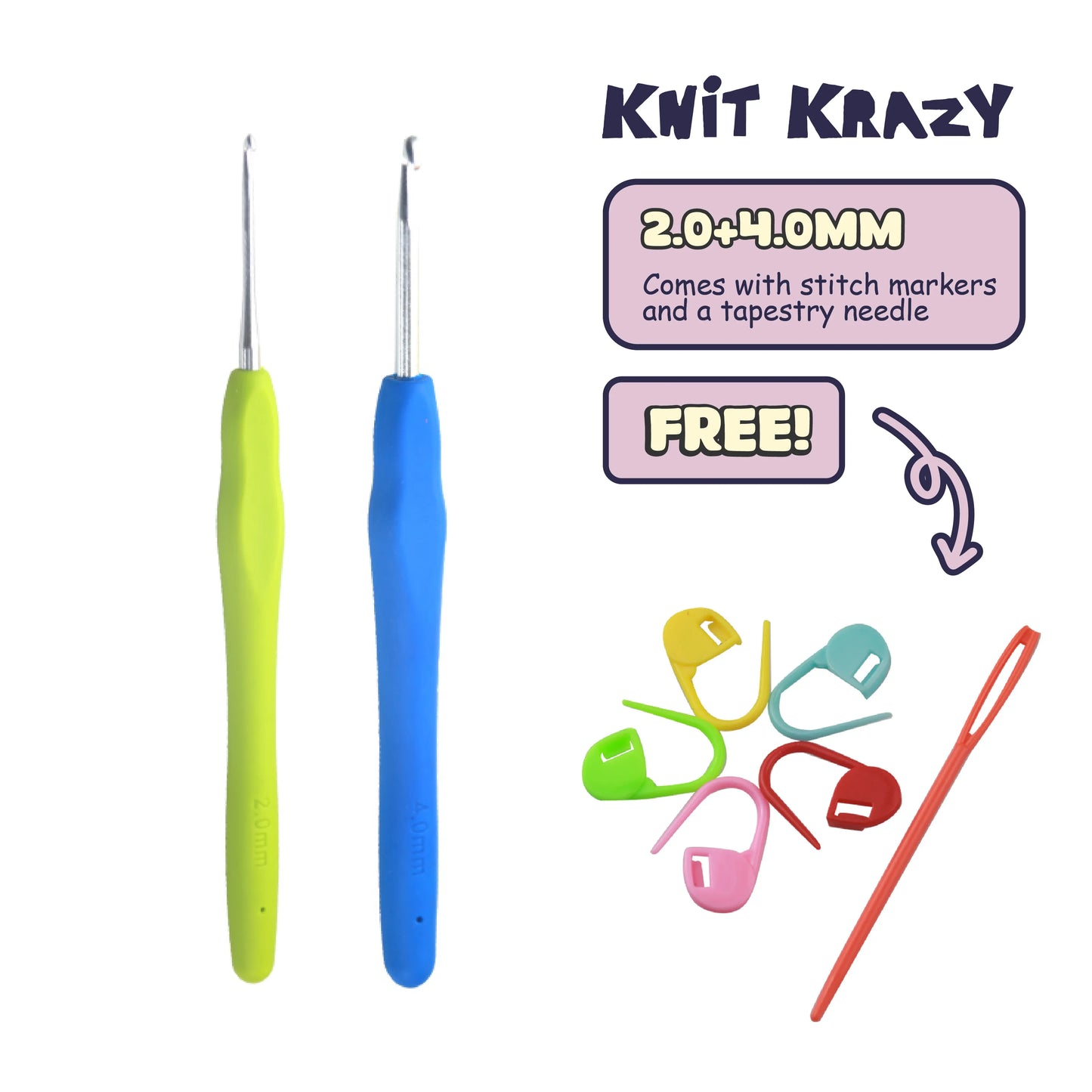 Ergonomic crochet hook set with 2.0 and 4.0mm hooks plus colorful stitch markers and tapestry needle