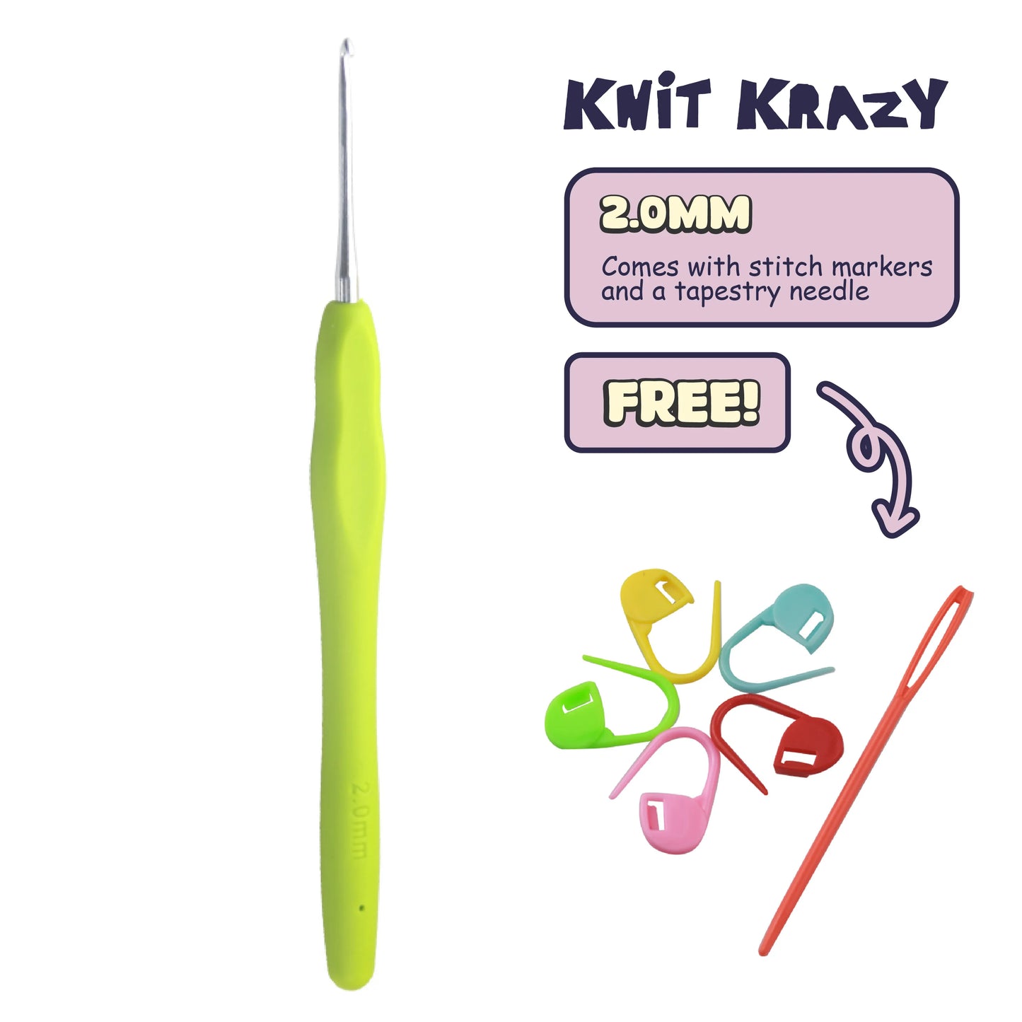 Ergonomic crochet hook set with 2.0mm lime green handle, stitch markers, and tapestry needle