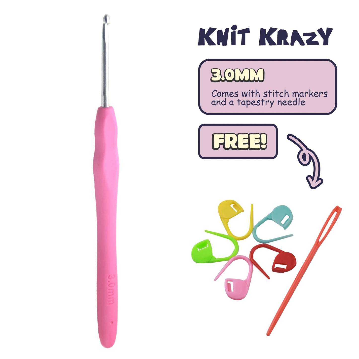 Ergonomic crochet hook set with 3.0mm pink handle, stitch markers, and tapestry needle