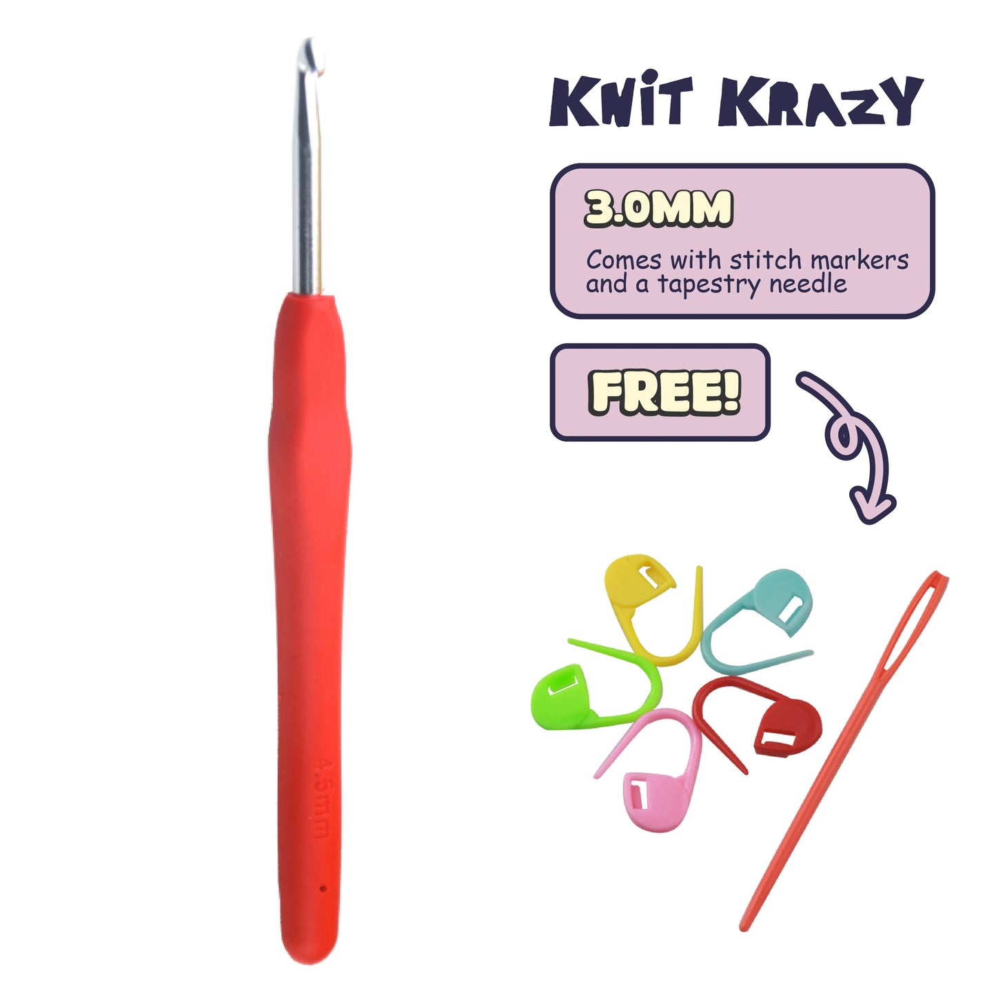 Red ergonomic crochet hook set with 3.0MM hook, stitch markers, and a tapestry needle