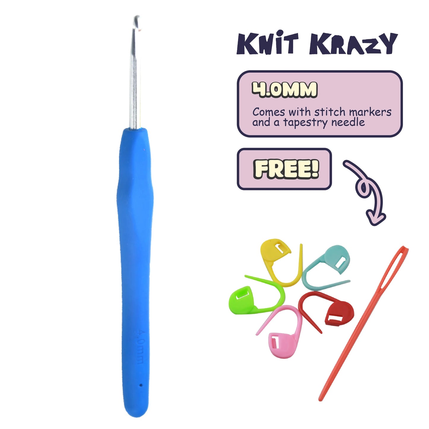 Ergonomic crochet hook set with 4.0mm blue handle hook, colorful stitch markers, and a tapestry needle
