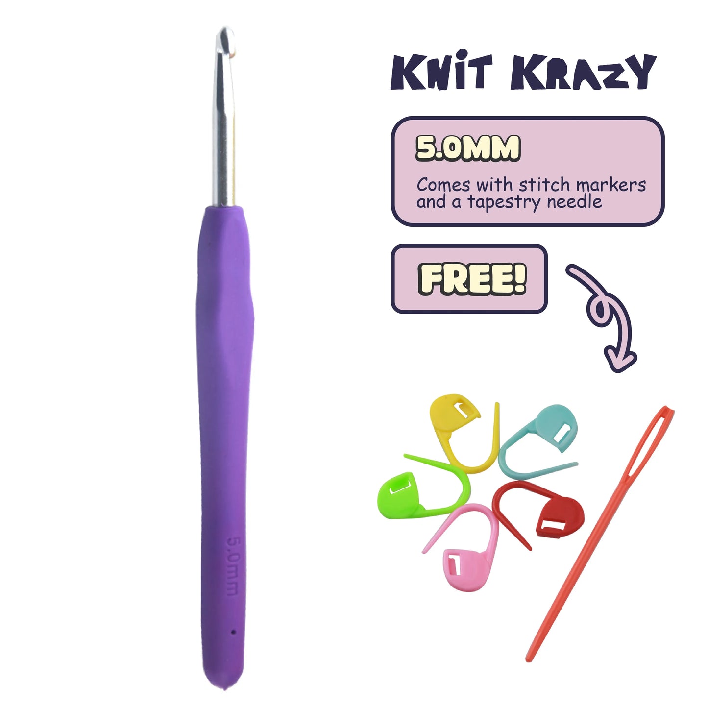 Ergonomic crochet hook set including 5.0mm purple hook with stitch markers and tapestry needle