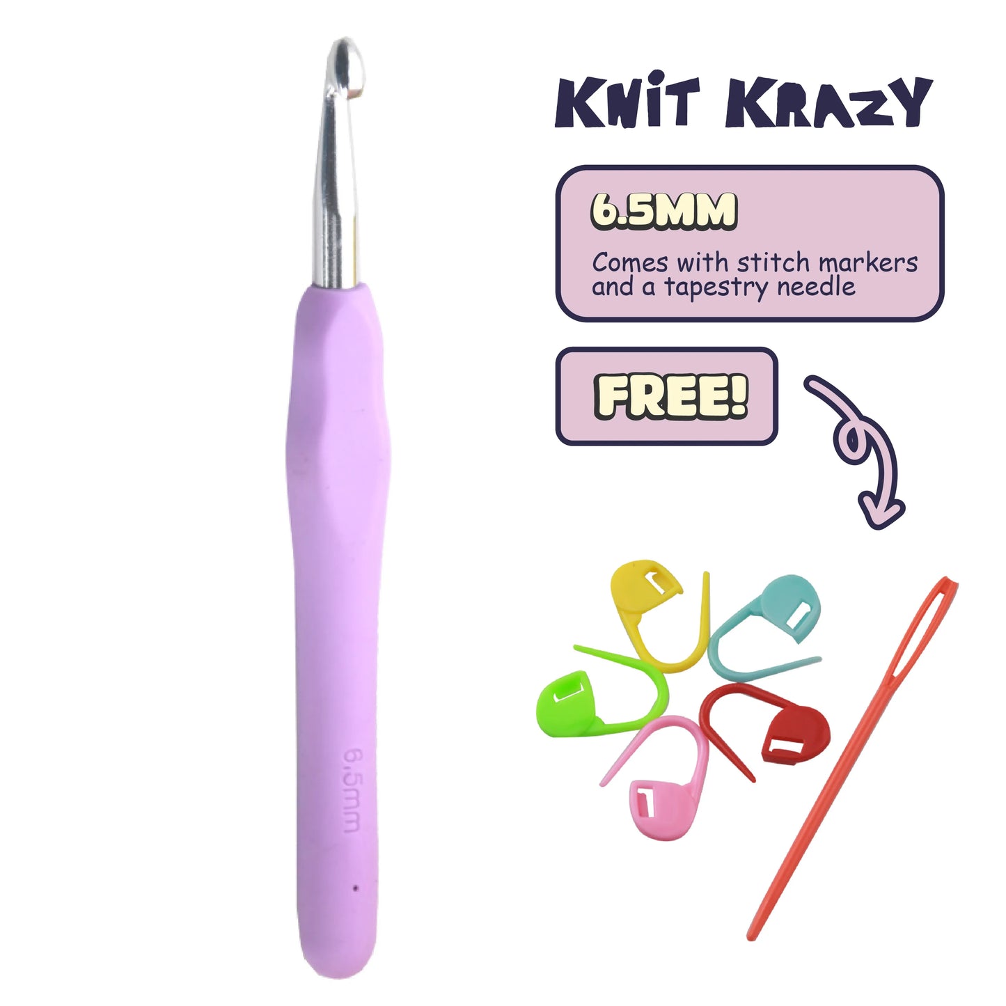 Ergonomic crochet hook set 6.5mm with stitch markers and tapestry needle in purple handle