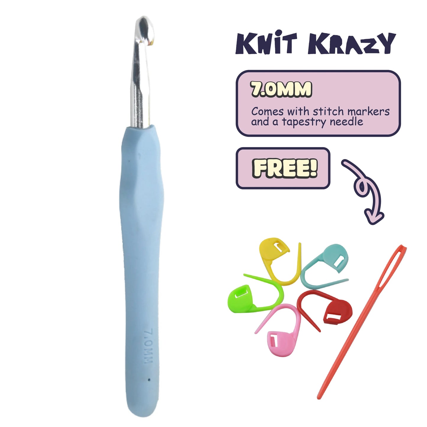 Ergonomic crochet hook set with 7.0mm blue handle, colorful stitch markers, and a red tapestry needle