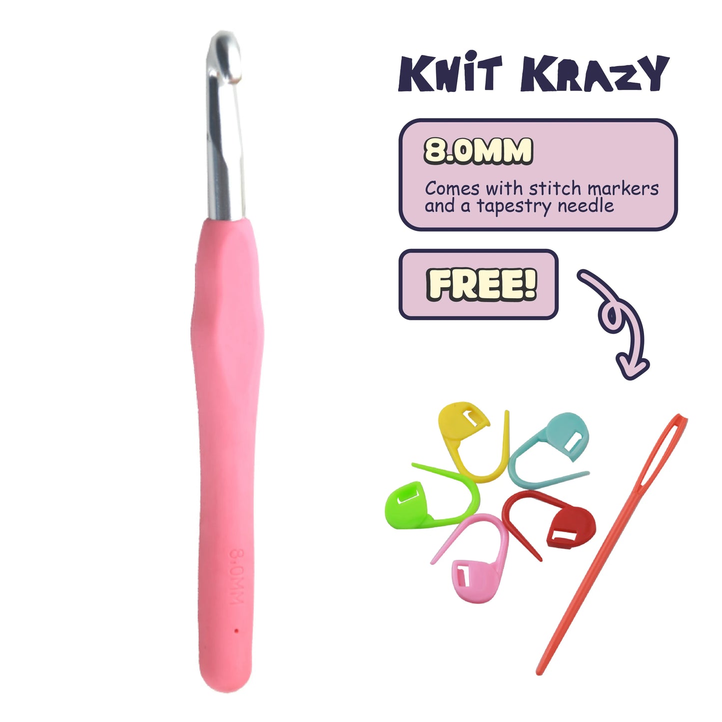 Ergonomic crochet hook set with 8mm pink handle, colorful stitch markers, and a tapestry needle