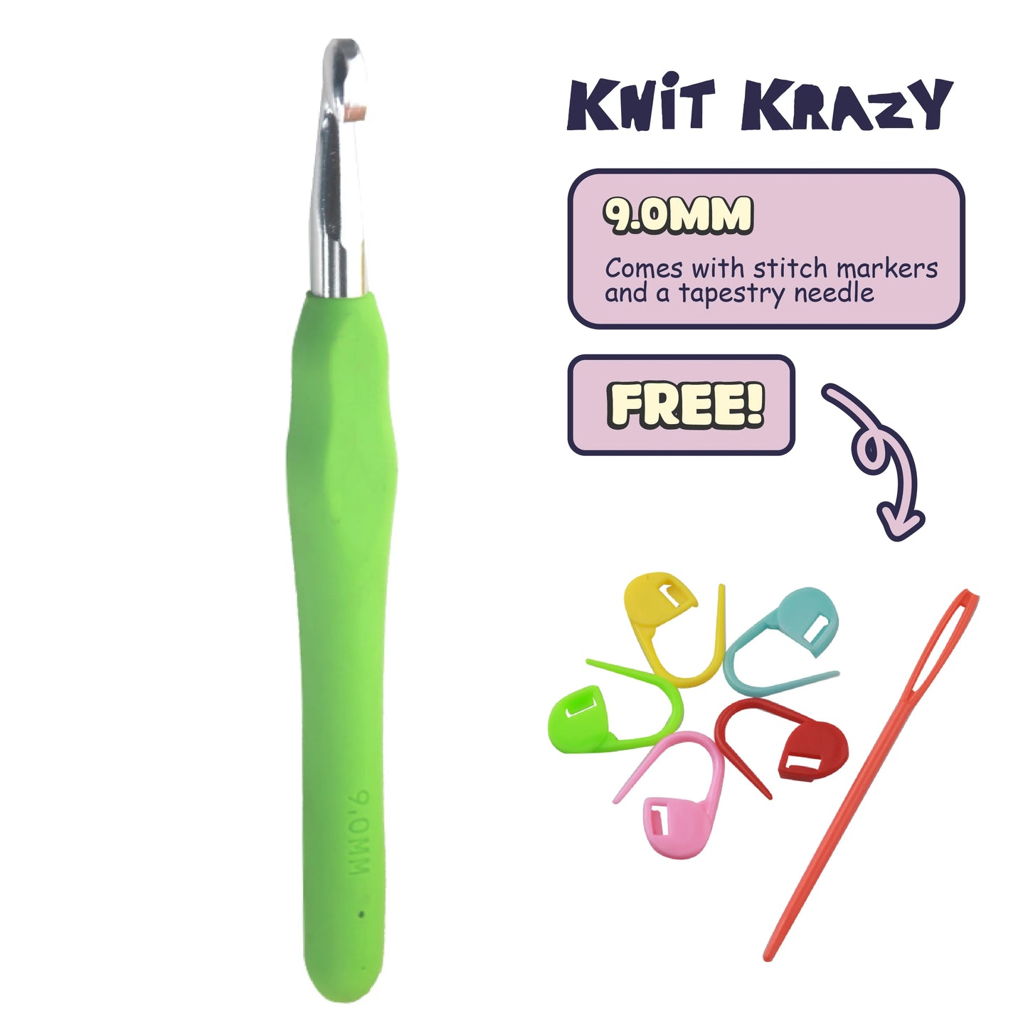 Ergonomic crochet hook set with 9mm green handle, colorful stitch markers, and red tapestry needle