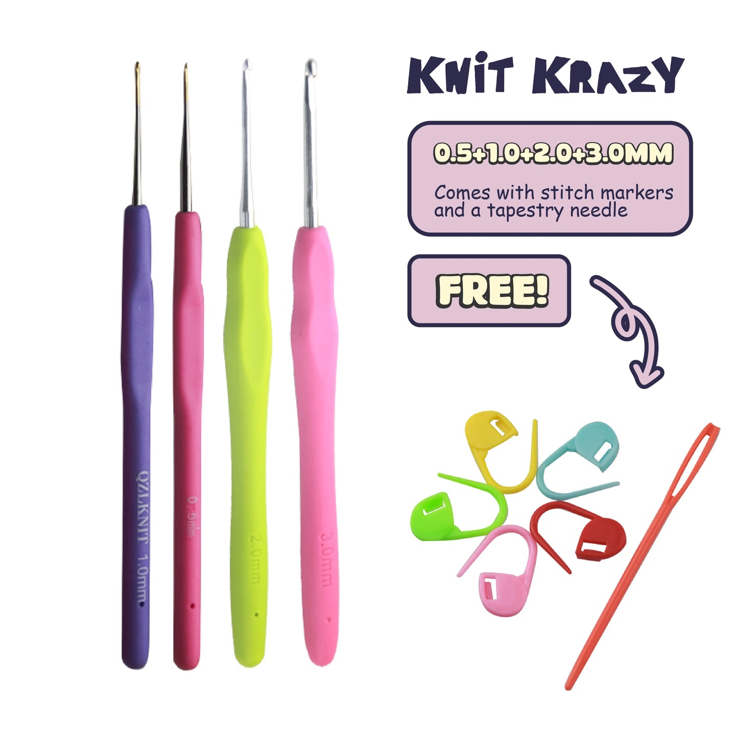 Ergonomic crochet hook set with colorful handles including stitch markers and a tapestry needle