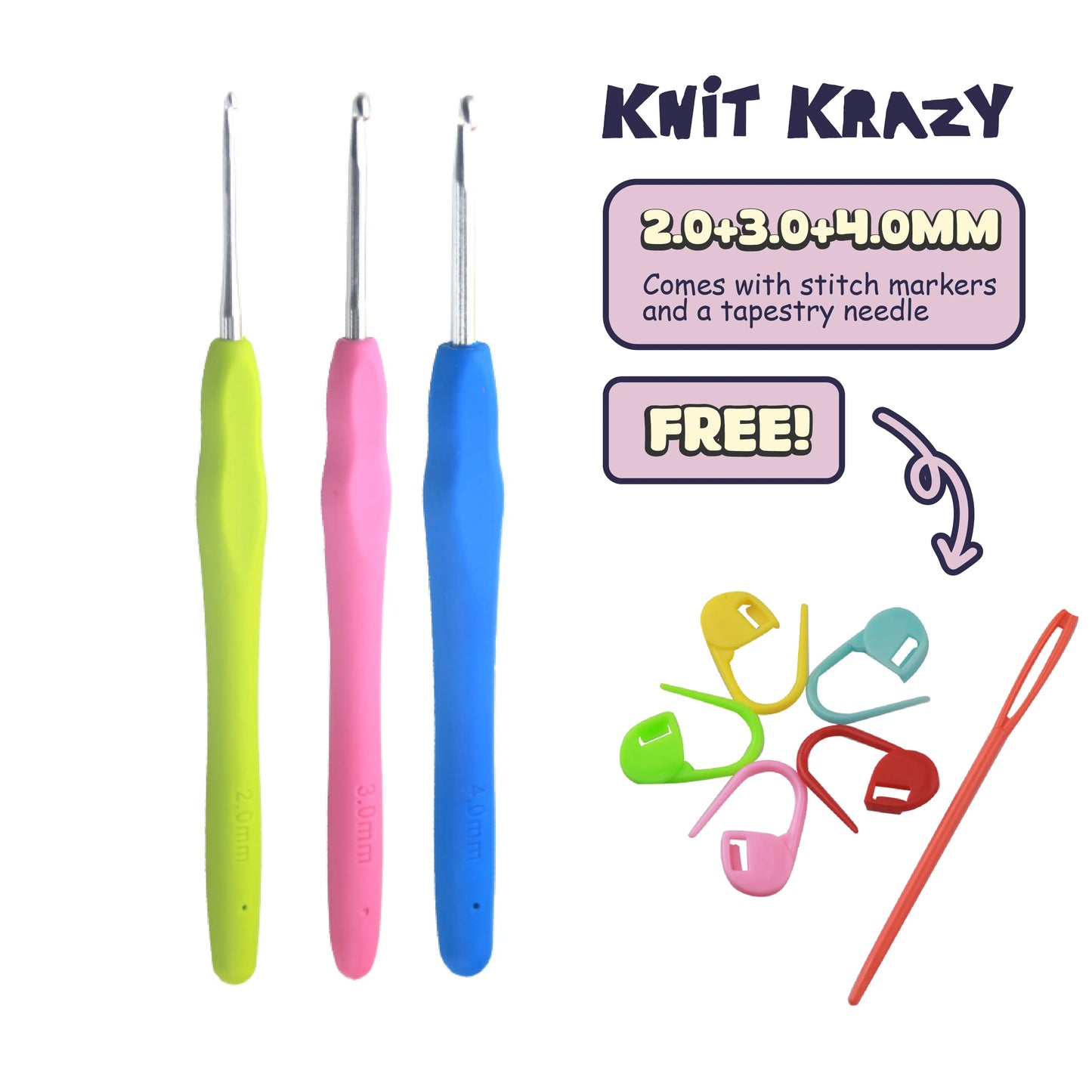 Ergonomic crochet hook set with 2.0 3.0 4.0 mm hooks and colorful stitch markers and tapestry needle