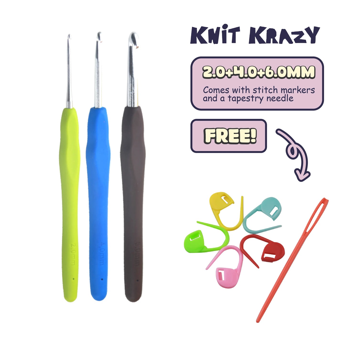 Ergonomic crochet hook set with 2.0 4.0 and 6.0 mm hooks plus colorful stitch markers and tapestry needle