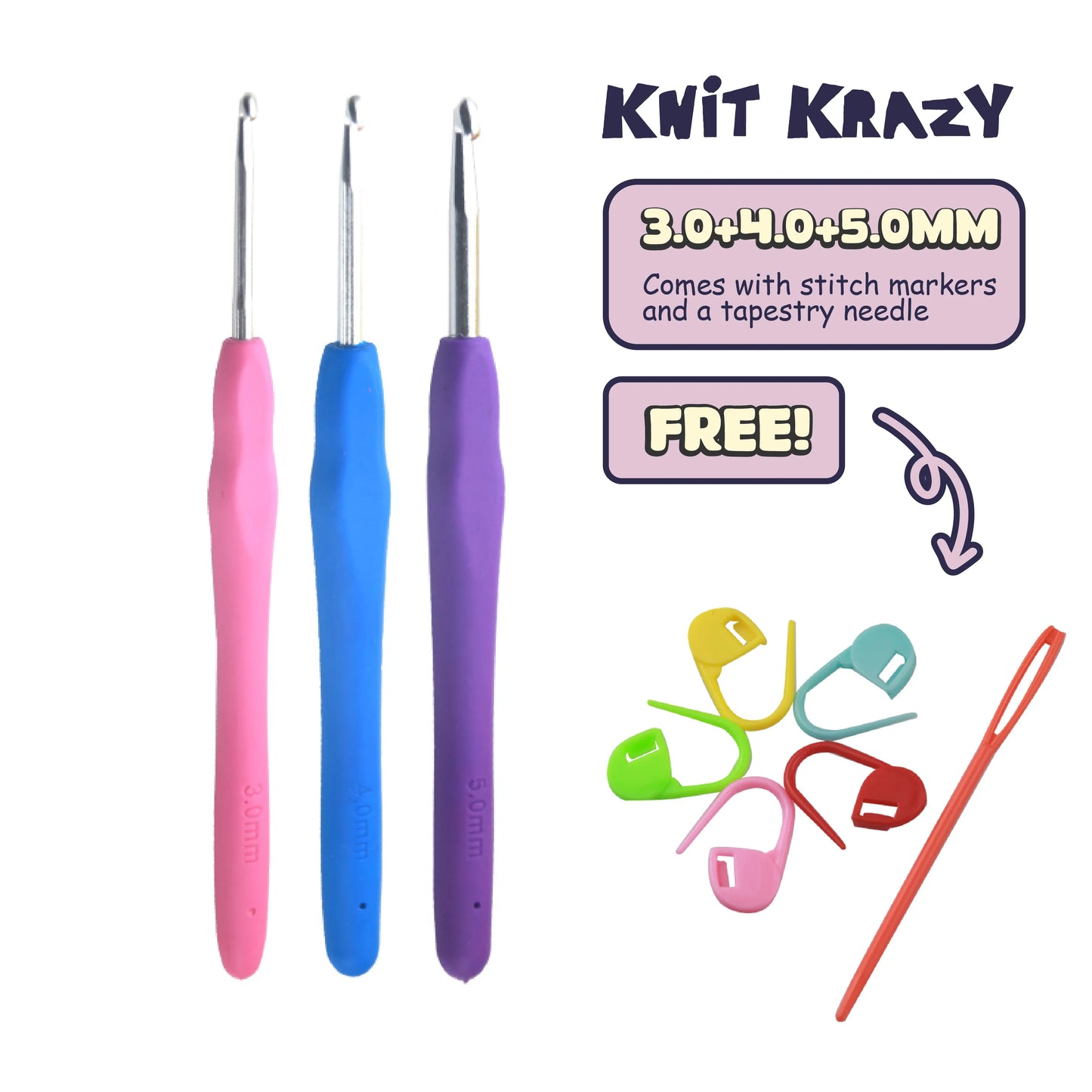 Ergonomic crochet hook set with pink, blue, and purple handles plus colorful stitch markers and a red tapestry needle
