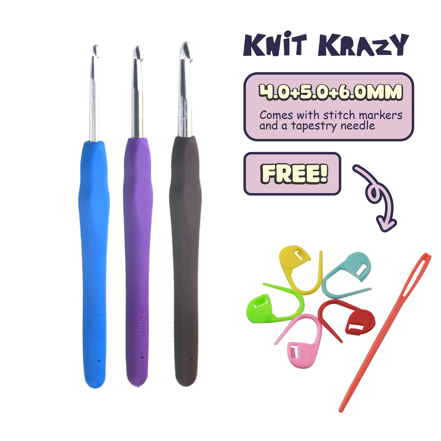 Ergonomic crochet hook set with 4.0 5.0 6.0mm hooks plus colorful stitch markers and tapestry needle
