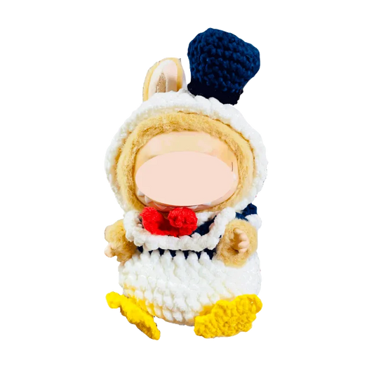 Crochet Donald Duck bag pattern with colorful handmade knitted toys and accessories by redbook