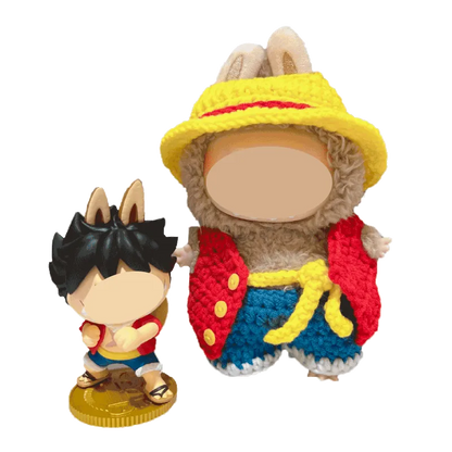 Luffy crochet doll outfit pattern featuring a handmade colorful crochet outfit on a plush doll next to an anime figure