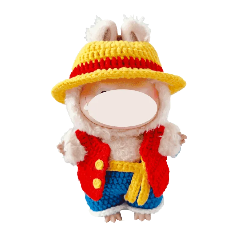 Cute crochet doll wearing a colorful luffy crochet doll outfit pattern with a yellow hat and red vest
