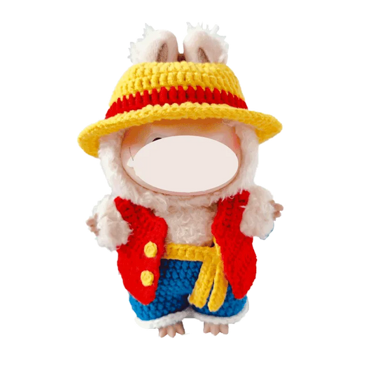 Cute crochet doll wearing a colorful luffy crochet doll outfit pattern with a yellow hat and red vest