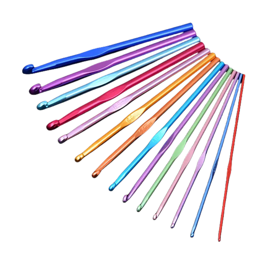 Rainbow aluminum crochet hooks set with multiple vibrant colors arranged on a black background