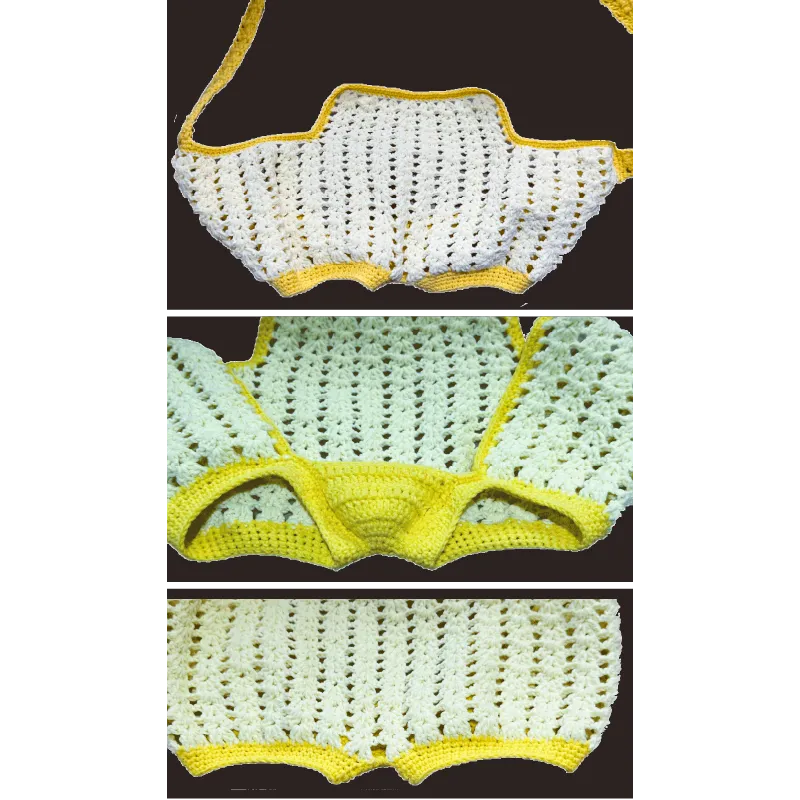 Zimomo crochet outfit pattern showing white and yellow crocheted top and shorts details